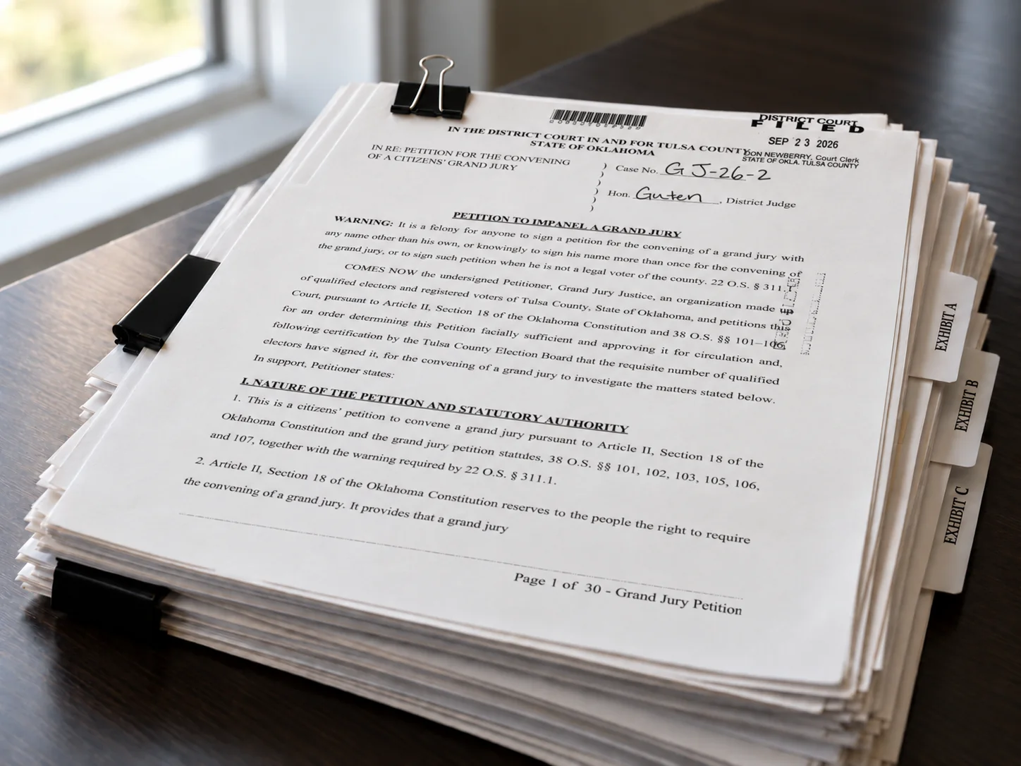 Editorial illustration of stacked petition paperwork and exhibit tabs on a desk
